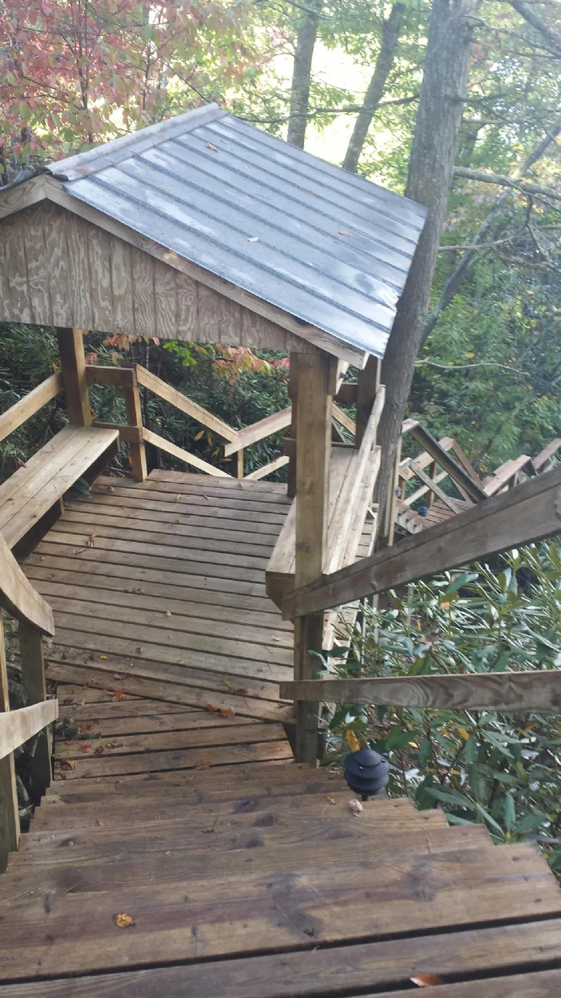 Metal roofed shelter over wooden steps on a wooded walkway — Skylight Repair & Installation work by our crew in Zwingle